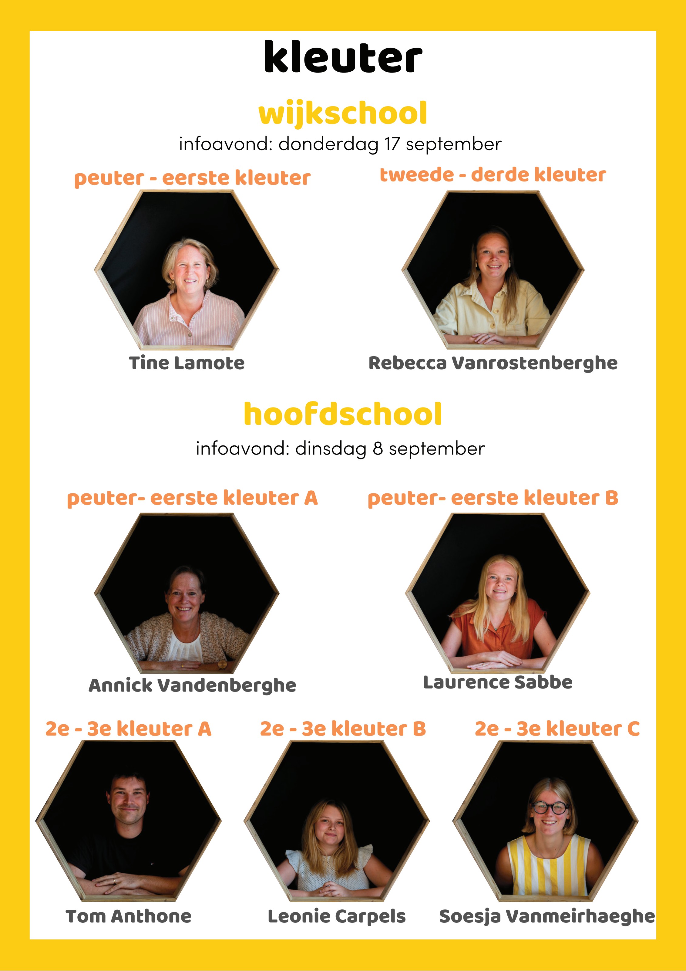 Kleuterleerkrachten van de wijkschool (Tine Lamote, Rebecca Vanrostenberghe) en de hoofdschool (Annick Vandenberghe, Laurence Sabbe, Tom Anthone, Leonie Carpels, Soesja Vanmeirhaeghe)