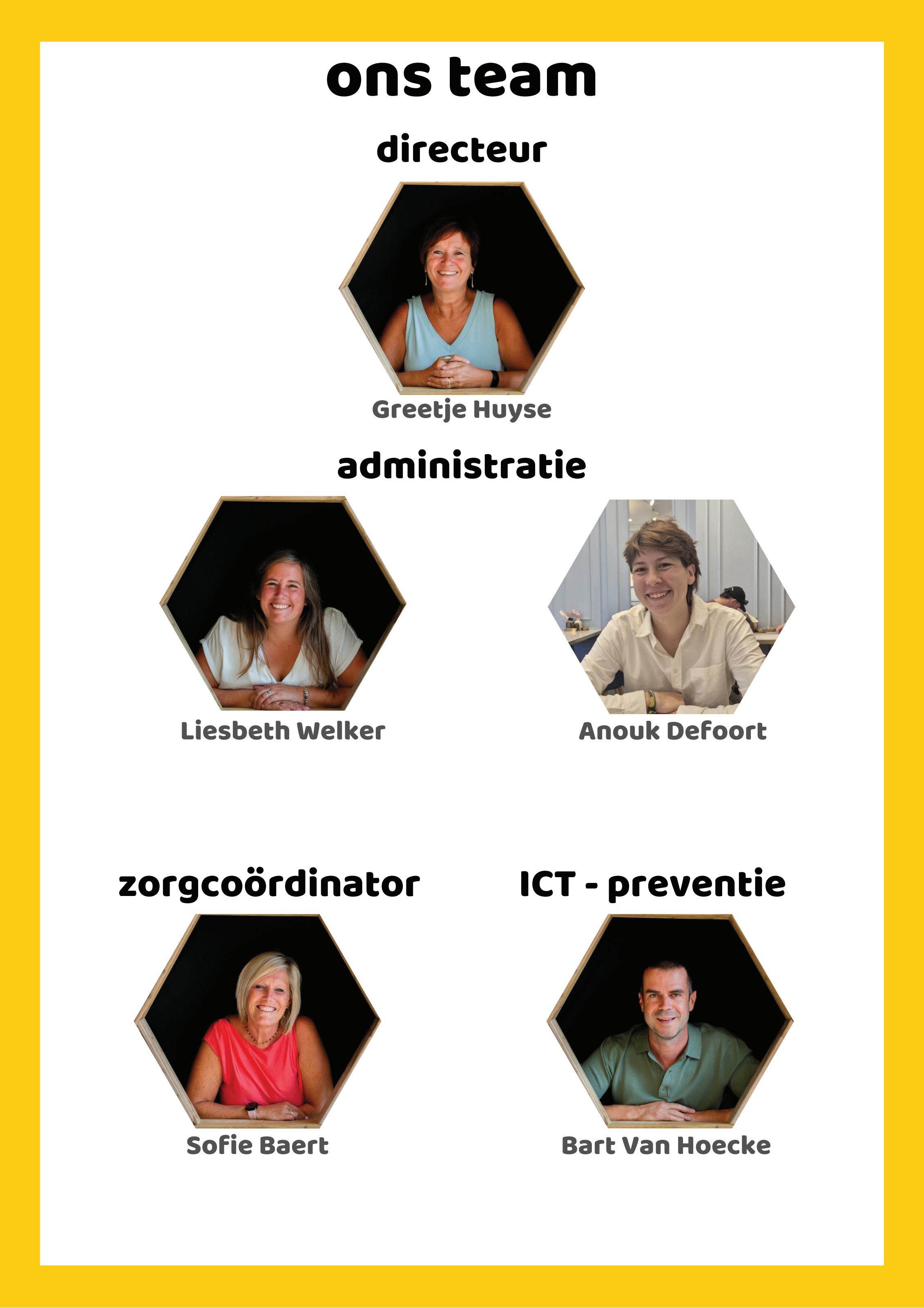 Directeur Greetje Huyse, administratie Liesbeth Welker en Anouk Defoort, zorgcoördinator Sofie Baert en ICT-preventie Bart Van Hoecke